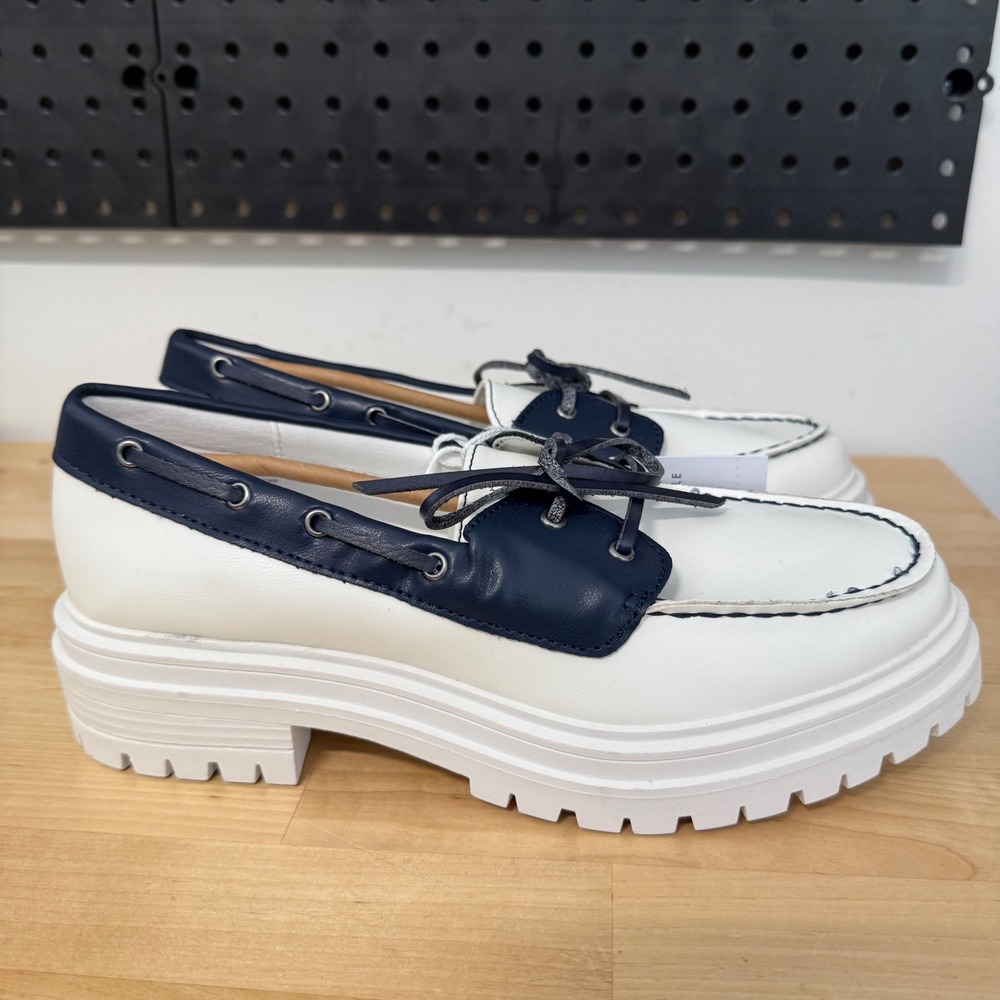 American Eagle Womens Lug Sole Boat Shoes White Navy Blue Chunky Platform Size 8 - Picture 7 of 10